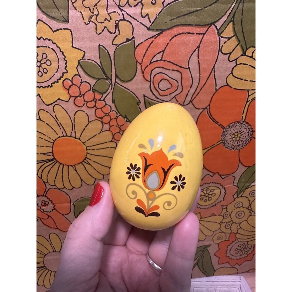 Vintage Yellow Ceramic Handmade Egg Dated 1982 Folk Art Style Design Easter Deco